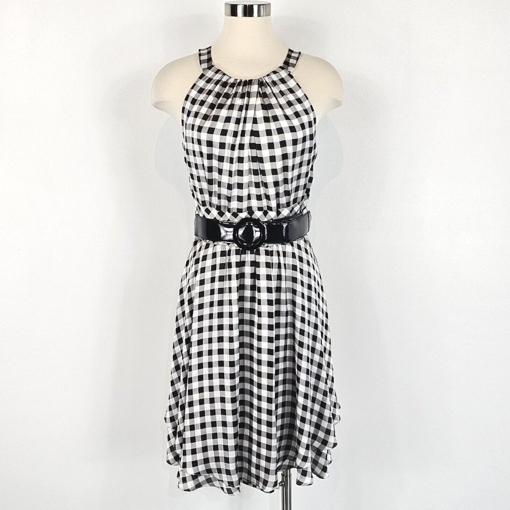 White House Black Market Halter A-Line Checkered Summer Dress Womens 12 Belted